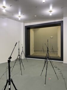Microphones set up in reverberation room